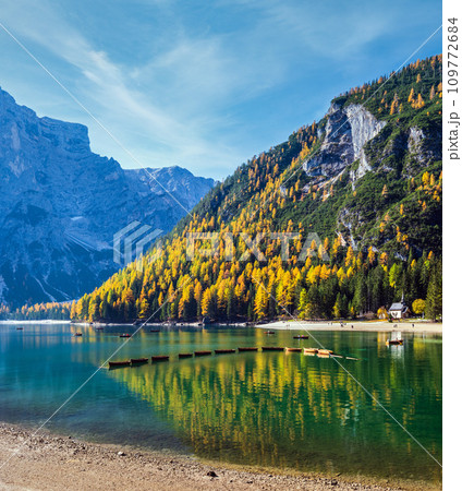Autumn peaceful alpine lake Braies or Pragser Wildsee. Fanes-Sennes-Prags national park, South Tyrol, Dolomites Alps, Italy, Europe. Autumn peaceful alpine lake Braies or Pragser Wildsee. Fanes-Sennes-Prags national park, South Tyrol, Dolomites Alps, Italy, Europe. 109772684
