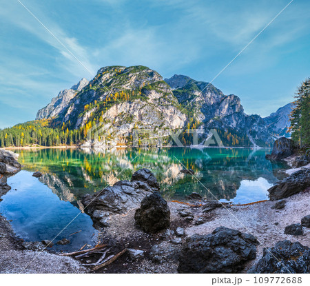 Autumn peaceful alpine lake Braies or Pragser Wildsee. Fanes-Sennes-Prags national park, South Tyrol, Dolomites Alps, Italy, Europe. Picturesque traveling, seasonal and nature beauty concept scene. 109772688