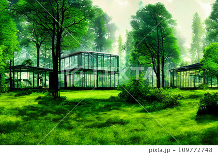 新緑の森のガラスの家のイラスト 109772748