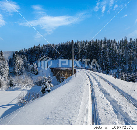 Stone viaduct (arch bridge) on railway through mountain snowy fir forest. Snow drifts  on wayside and hoarfrost on trees and electric line wires. 109772976