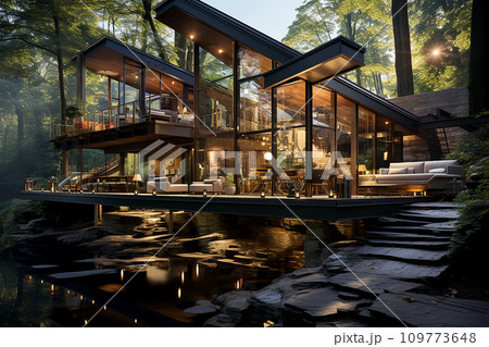 Residence harmoniously designed with nature in mind, house seamlessly blending into its surroundings Residence harmoniously designed with nature in mind, house seamlessly blending into its surroundings 109773648