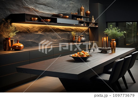 Kitchen with smooth surfaces and minimal open shelving, promoting a sleek and clutter-free environment Kitchen with smooth surfaces and minimal open shelving, promoting a sleek and clutter-free environment 109773679