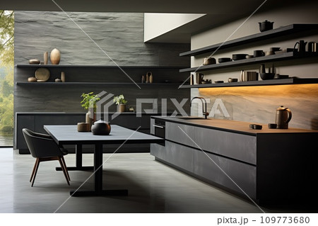 Kitchen with smooth surfaces and minimal open shelving, promoting a sleek and clutter-free environment Kitchen with smooth surfaces and minimal open shelving, promoting a sleek and clutter-free environment 109773680