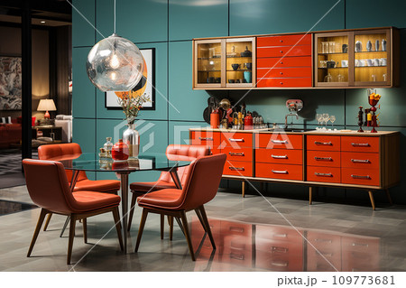 kitchen midcentury modern design, characterized by clean lines and iconic shapes, bright color from 60s and 70s kitchen midcentury modern design, characterized by clean lines and iconic shapes, bright color from 60s and 70s 109773681
