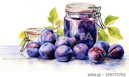 Plum jam in glass jars. Watercolor hand drawn illustration on white background . 109773701