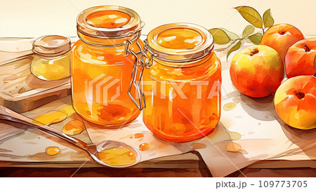 A jar of apple jam and apples on the table. Marmalade and fruits on the table, watercolor illustration. 109773705