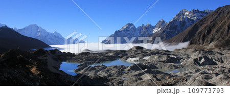 Lower part of the Ngozumpa Glacier seen from Dragnang, Nepal. 109773793