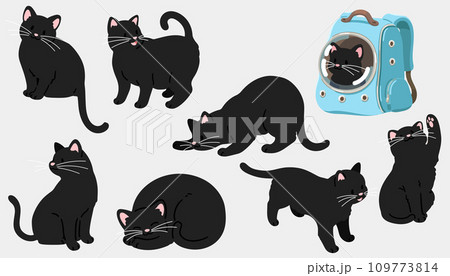 シンプルで可愛い色々なポーズの黒猫のイラストセット　主線なし 109773814