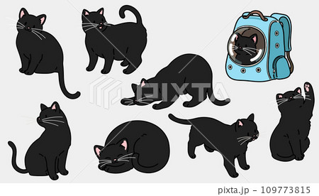 シンプルで可愛い色々なポーズの黒猫のイラストセット 主線あり シンプルで可愛い色々なポーズの黒猫のイラストセット 主線あり 109773815