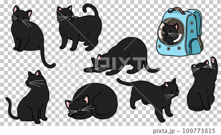 シンプルで可愛い色々なポーズの黒猫のイラストセット 主線あり シンプルで可愛い色々なポーズの黒猫のイラストセット 主線あり 109773815