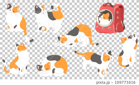 シンプルで可愛い色々なポーズの三毛猫のイラストセット 主線なし シンプルで可愛い色々なポーズの三毛猫のイラストセット 主線なし 109773816