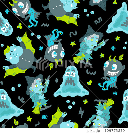 Halloween cartoon character seamless pattern. Hand-drawn vector illustration for background, wallpaper, fabric, paper. Vector illustration 109773830