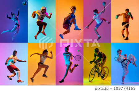 Collage with different young people, men and women, athletes of different sports in motion over multicolored background in neon light Collage with different young people, men and women, athletes of different sports in motion over multicolored background in neon light 109774165