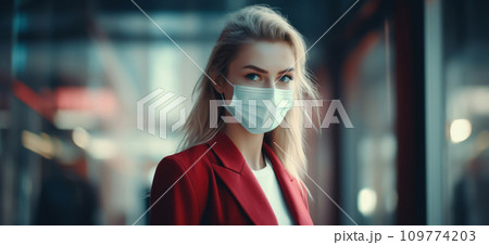 AI-generated content. Close-up of a fair-haired European girl wearing a medical mask against window backdrop 109774203