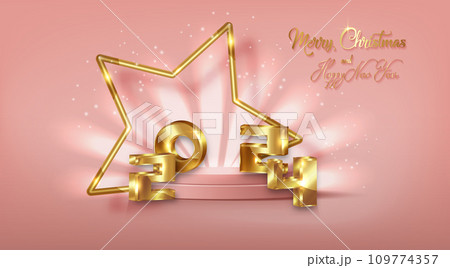2024 golden 3D numbers Merry Christmas and Happy New Year banner with gold star frame in 3d platform studio display. Fashion Pedestal floor. Luxury Stage showcase podium, vector pink background  109774357