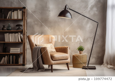A home office with a comfortable reading chair, bookshelves and a floor lamp. Generative AI 109774472