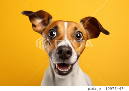 Funny dog with surprised expression. Puppy looks intimidated and surprised. Generative AI 109774474