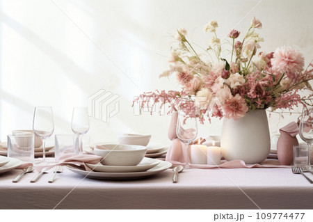 Luxury elegant table setting with glasses and dishes. Beautiful flowers decorated on the table. Generative AI 109774477