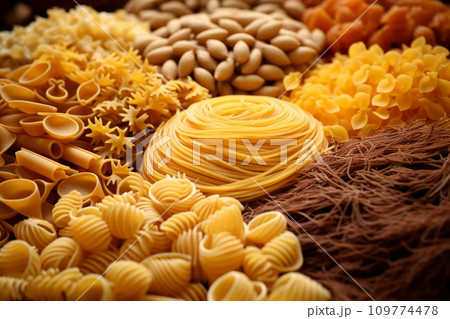 Different types of dried pasta. Healthy eating concept. Generative AI Different types of dried pasta. Healthy eating concept. Generative AI 109774478