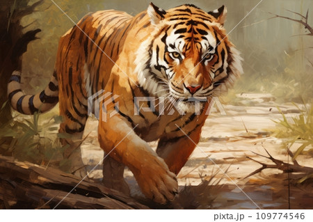 Bengal tiger in oil painting style. Tiger walking among the forest. Beautiful background, decorative wall decoration, postcard, poster, banner design. 109774546