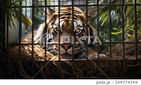 Tiger locked in cage. Lonely sick skinny tiger in cramped jail behind bars with sad look. Concept of keeping animals in captivity where they suffer. Prisoner. Animal abuse. Waiting for liberation. 109774549