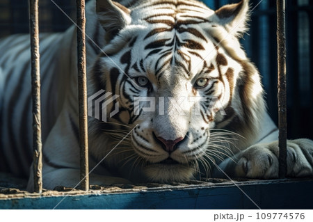 White Bengal tiger locked in cage. Lonely tiger in cramped jail behind bars with sad look. Concept of keeping animals in captivity where they suffer. Prisoner. Waiting for liberation. Animal abuse. White Bengal tiger locked in cage. Lonely tiger in cramped jail behind bars with sad look. Concept of keeping animals in captivity where they suffer. Prisoner. Waiting for liberation. Animal abuse. 109774576