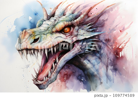 Dragon zombie in watercolor style. Portrait of an angry dragon with an open mouth and sharp teeth in multi-colored splashes and stains of paint. Chinese New Year symbol. Asian culture celebrations. Dragon zombie in watercolor style. Portrait of an angry dragon with an open mouth and sharp teeth in multi-colored splashes and stains of paint. Chinese New Year symbol. Asian culture celebrations. 109774589
