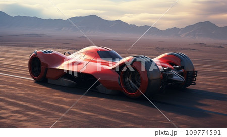 Red futuristic sports racing car races across the land of an alien planet. Futuristic concept of technologies of other worlds and civilizations. Extraterrestrial automobiles and technology. 109774591