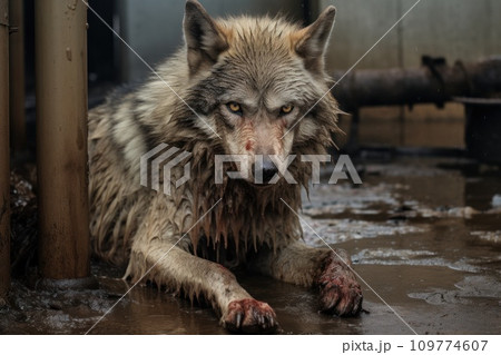 Wild wolf in captivity. Dirty, sick, skinny wolf in poor conditions in zoos, circuses, live in deplorable conditions. Animal abuse. 109774607