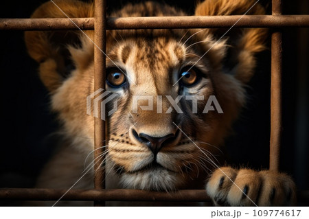 Little Lion cub locked in cage. Skinny lonely lion in cramped jail behind bars, sad look. Keeping animals in captivity where they suffer. Prisoner. Waiting for liberation. Animal protection concept. Little Lion cub locked in cage. Skinny lonely lion in cramped jail behind bars, sad look. Keeping animals in captivity where they suffer. Prisoner. Waiting for liberation. Animal protection concept. 109774617