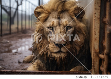 Lion locked in cage. Skinny Sick dirty lonely lion in cramped jail behind bars with sad look. Concept of keeping animals in captivity where they suffer. Prisoner. Waiting for liberation. Animal abuse. Lion locked in cage. Skinny Sick dirty lonely lion in cramped jail behind bars with sad look. Concept of keeping animals in captivity where they suffer. Prisoner. Waiting for liberation. Animal abuse. 109774629