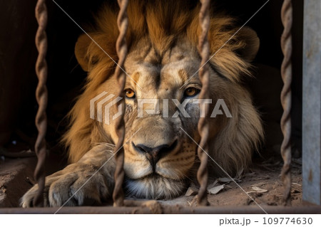 Lion locked in cage. Emaciated, skinny lonely lion in cramped jail behind bars with sad look. Concept of keeping animals in captivity where they suffer. Prisoner. Waiting for liberation. Animal abuse. 109774630