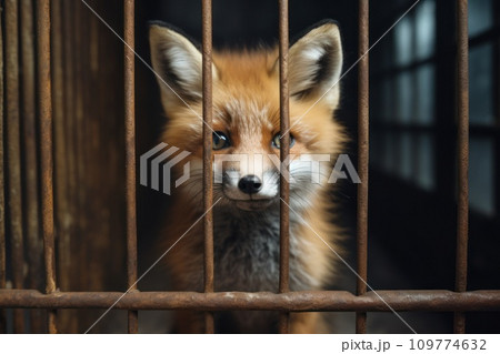 Fox locked in cage. Emaciated, skinny lonely fox in cramped jail behind bars with sad look. Keeping animals in captivity where they suffer. Prisoner. Waiting for liberation. Animal protection concept. 109774632