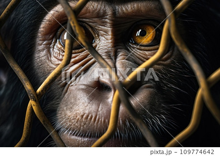Unhappy Monkey locked in cage. Emaciated, skinny lonely gorilla in cramped cage behind bars with sad look. Keeping animals in captivity where they suffer. Waiting for liberation. Close up. 109774642