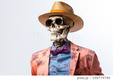 Stylish human skeleton model posing in trendy clothes, glasses and hat. Fashionable skeleton dressed in pink yellow attire against a white background. Close-up Stylish human skeleton model posing in trendy clothes, glasses and hat. Fashionable skeleton dressed in pink yellow attire against a white background. Close-up 109774790
