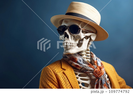 Stylish human skeleton model posing in trendy clothes, glasses and hat. Fashionable skeleton dressed in yellow golden attire against a dark gradient background. Close up 109774792