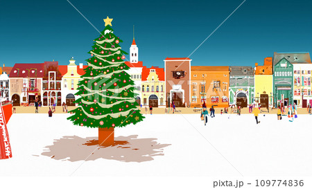 街の広場のクリスマスツリーのイラスト 109774836