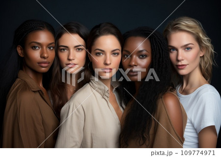 Beautiful women with various skin tones, group of people from different ethnic backgrounds, diversity of human skintones, unique skin tone shades, authenticity and inclusivity concept 109774971