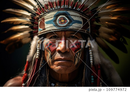 Portrait showcasing the rich heritage of indigenous culture. Man adorned with traditional feathered headdress and beaded necklace, importance of preserving indigenous culture through art and design 109774972