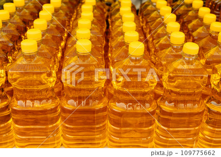 Plastic bottles with sunflower oil. Natural product. Food industry 109775662