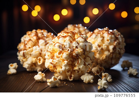 AI-generated content. Caramel popcorn clusters with rich, sweet coating on rustic wooden table with bokeh lights, close up 109776555