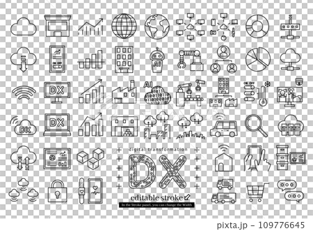 DX 企業のデジタルトランスフォーメーションのアイコンセット (編集可能なストローク) DX 企業のデジタルトランスフォーメーションのアイコンセット (編集可能なストローク) 109776645