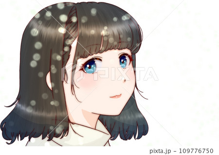 雪降る中で微笑む女の子　髪＝黒　背景無し　左右反転版 109776750