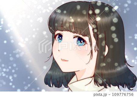 雪降る中で微笑む女の子　髪＝黒 109776756