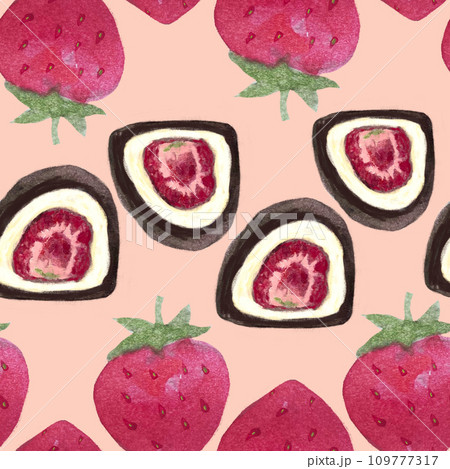 Watercolor strawberry, chocolate on peach background 109777317