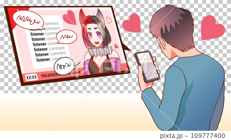 Illustration of a listener watching a VTuber's live broadcast 109777400