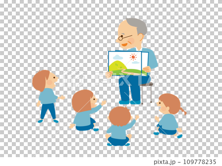 Kamishibai - Seniors and kindergarten children reading aloud - Illustration material Kamishibai - Seniors and kindergarten children reading aloud - Illustration material 109778235