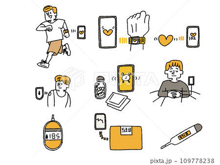 スマート健康器具を使っている人のイラストセット　コミカルな手書きの人物　ベクター、線画にカラー 109778238