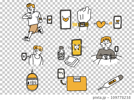 スマート健康器具を使っている人のイラストセット　コミカルな手書きの人物　ベクター、線画にカラー 109778238