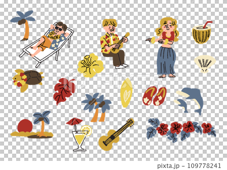 ハワイに関する小物や人物のイラストセット コミカルな手書きの人物 ベクター、線画にカラー ハワイに関する小物や人物のイラストセット コミカルな手書きの人物 ベクター、線画にカラー 109778241
